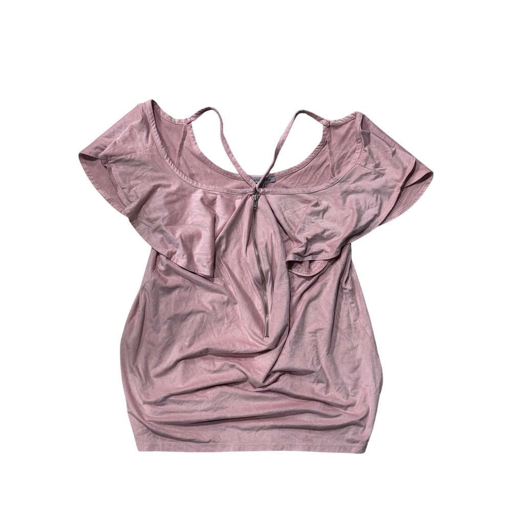 Y2K Charlotte Russe Mauve Pink Cold Shoulder Ruffle Zipper Front Blouse Womens L